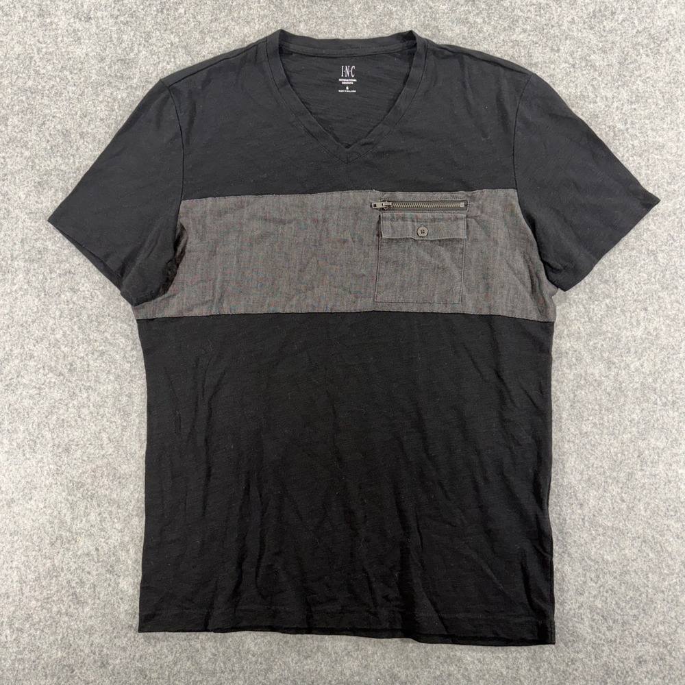 INC International Concepts Mens Black V-Neck T-Shirt Gray Panel Pocket Small